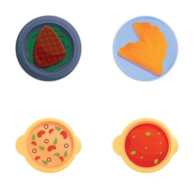 Tasty dish icons set cartoon . First and second course