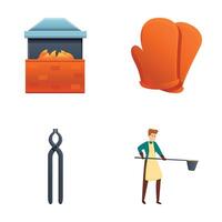 Blacksmith workplace icons set cartoon . Blacksmith while working vector