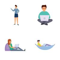 Remote work icons set cartoon . People work in comfortable condition vector