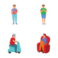 sedentario estilo de vida íconos conjunto dibujos animados . exceso de peso personas vector