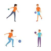 bolos íconos conjunto dibujos animados . profesional bolos jugador preparar lanzar pelota vector