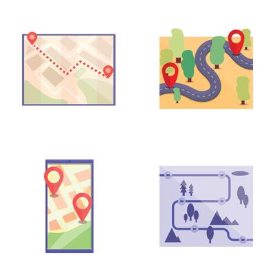 Gps navigation icons set cartoon . Various navigation map on device screen