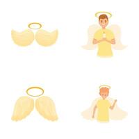 ángel personaje íconos conjunto dibujos animados . joven chico con ala y aureola vector