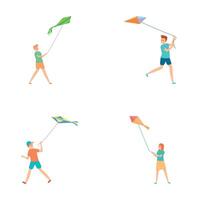 Summer game icons set cartoon . People with kite flying in sky vector