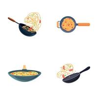 Cookery icons set cartoon . Various tasty dishes cooked in frying pan vector