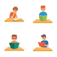 Book reading icons set cartoon . Male character reading paper book vector