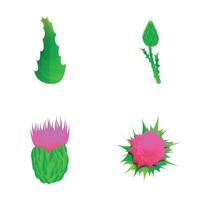 Thistle plant icons set cartoon . Purple flowering thistle with leaf vector