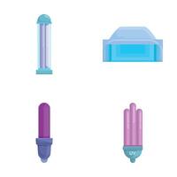 Ultraviolet lamp icons set cartoon . Various luminous lamp with uv ray vector