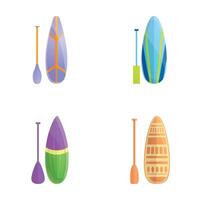 Paddle boarding icons set cartoon . Inflatable sup board with paddle vector