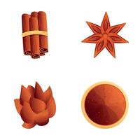 Various spice icons set cartoon . Aromatic cinnamon stick and star anise vector