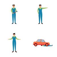 Auto service icons set cartoon . Car mechanic character during work vector