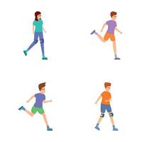 Rollerblading icons set cartoon . Young people roller skating vector