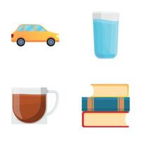 todos los días cosa íconos conjunto dibujos animados . coche agua vaso té taza y libro vector