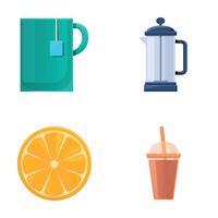 Tea drink icons set cartoon . Various tea container and lemon vector