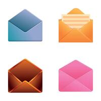 Email envelope icons set cartoon . Open and close envelope with document vector