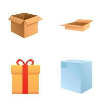 Cardboard packaging icons set cartoon . Various cardboard gift box vector