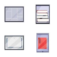 Digital library icons set cartoon . Smartphone with various book on screen vector