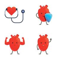 Healthy heart icons set cartoon . Cute happy healthy heart organ vector