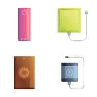 Powerbank icons set cartoon . Power bank of various shape and color vector