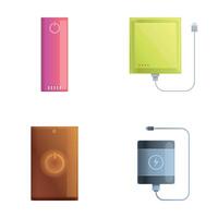 Powerbank icons set cartoon . Power bank of various shape and color vector