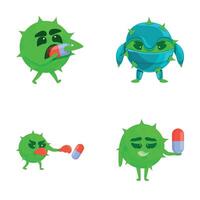 Drug resistance icons set cartoon . Bacteria or virus defeating drug vector