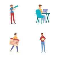 Working hour icons set cartoon . People with clock calendar and telescope vector