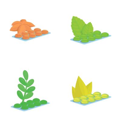 Throat lozenge icons set cartoon . Package of lozenge with various flavor