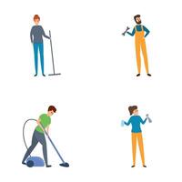 Maintenance personnel icons set cartoon . People in uniform with tool vector