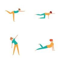 Fitness girl icons set cartoon . Woman doing sport exercise vector