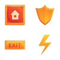 Defense icons set cartoon . Button for home shield lightning and exit sign vector