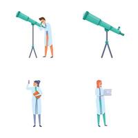 Scientific observation icons set cartoon . Scientist making research vector