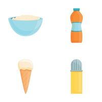 Milk product icons set cartoon . Cottage cheese ice cream whipped cream vector