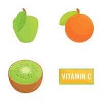 Vitamin product icons set cartoon . Fruit enriched with ascorbic acid vector