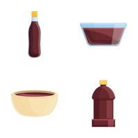 Soya sauce icons set cartoon . Soy sauce in glass bottle and bowl vector