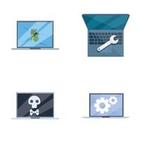 Broken laptop icons set cartoon . Various broken personal computer vector