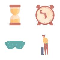 Biorhythm change icons set cartoon . Young man tired after air travel vector