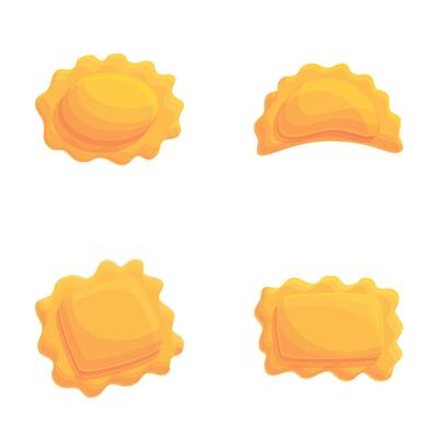 Ravioli icons set cartoon . Ravioli of various shape