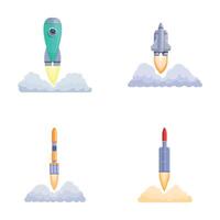 Spacecraft launch icons set cartoon . Rocket launch and fire flame vector