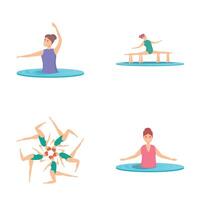 Women swimming icons set cartoon . Girl team performing stunt in water vector