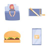 Insomnia icons set cartoon . Factor that interfere with falling asleep vector