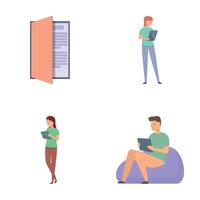 Digital library icons set cartoon . People reading book in online library vector