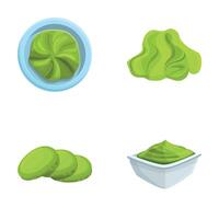 Wasabi sauce icons set cartoon . Fresh spicy wasabi in bowl vector