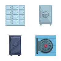Metal safe icons set cartoon . Armored box to protect money and document vector