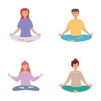 meditando personas íconos conjunto dibujos animados . personas en yoga loto postura vector