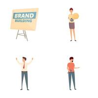 Brand building icons set cartoon . Business people building brand words vector