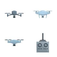 Quadrocopter icons set cartoon . Various drone with integrated camera vector