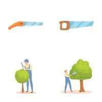 Gardener work icons set cartoon . Professional gardener with various tool vector