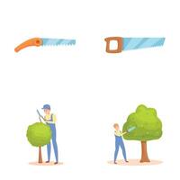 Gardener work icons set cartoon . Professional gardener with various tool vector