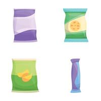 Snack icons set cartoon . Various type of packaged snack vector