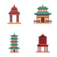 Chinese temple icons set cartoon . Asian traditional building vector